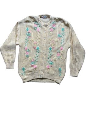Vintage Oswal Women's Yellow Wool Embroidered Floral Cardigan Sweater Size Large